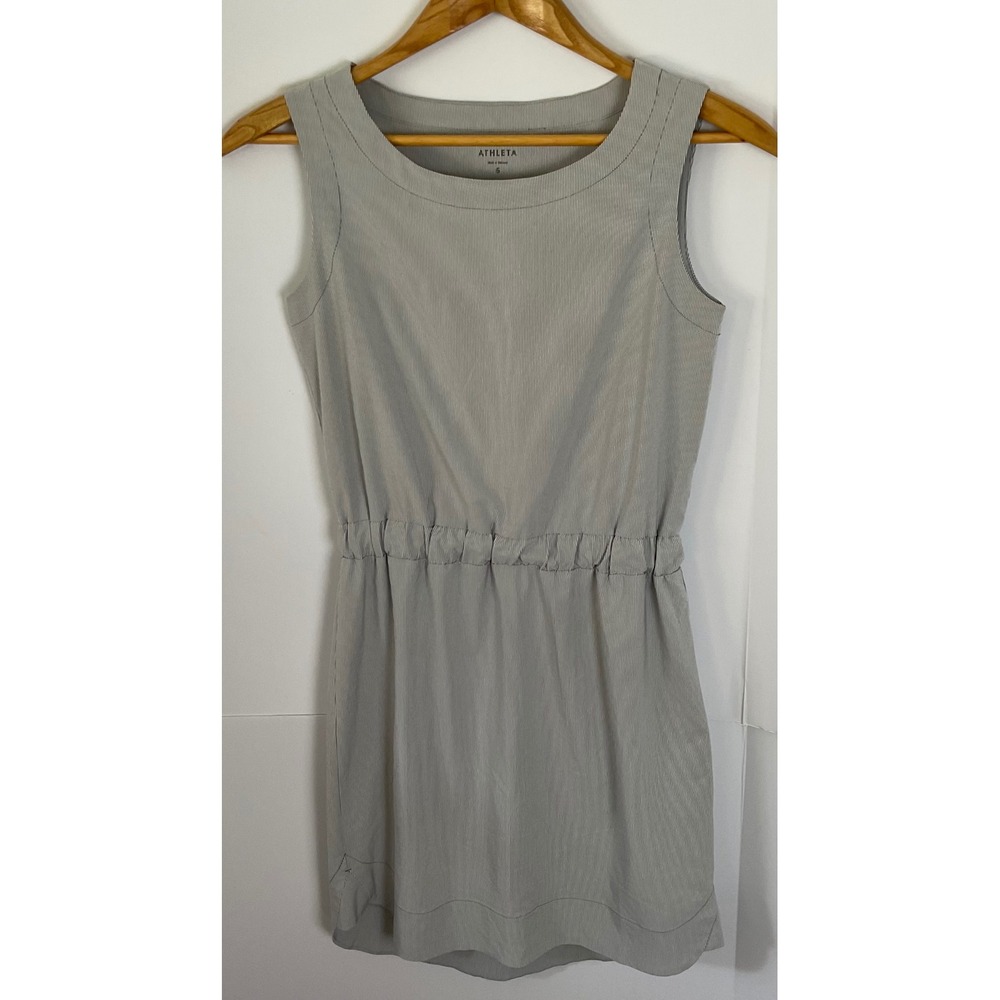 Athleta Womens Blue White Micro Stripe Sleeveless Elastic Waist Mini Dress 6